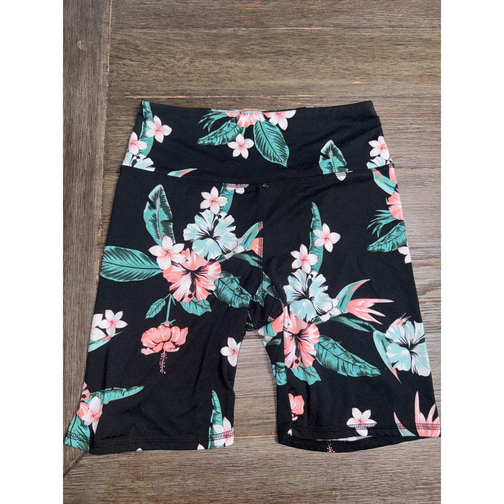 Sommer Ray Floral Biker Shorts Womens Medium Black Tropical High Waisted Gym